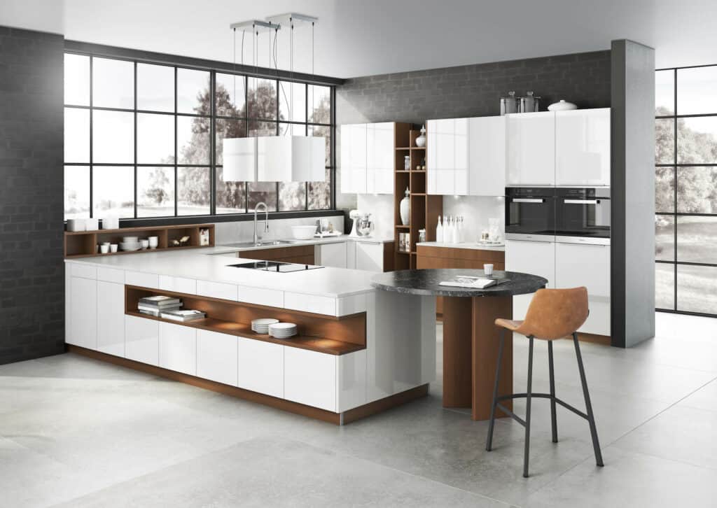 Bauformat-Designkueche-U-Kueche-modern-weiss-braun-grifflos