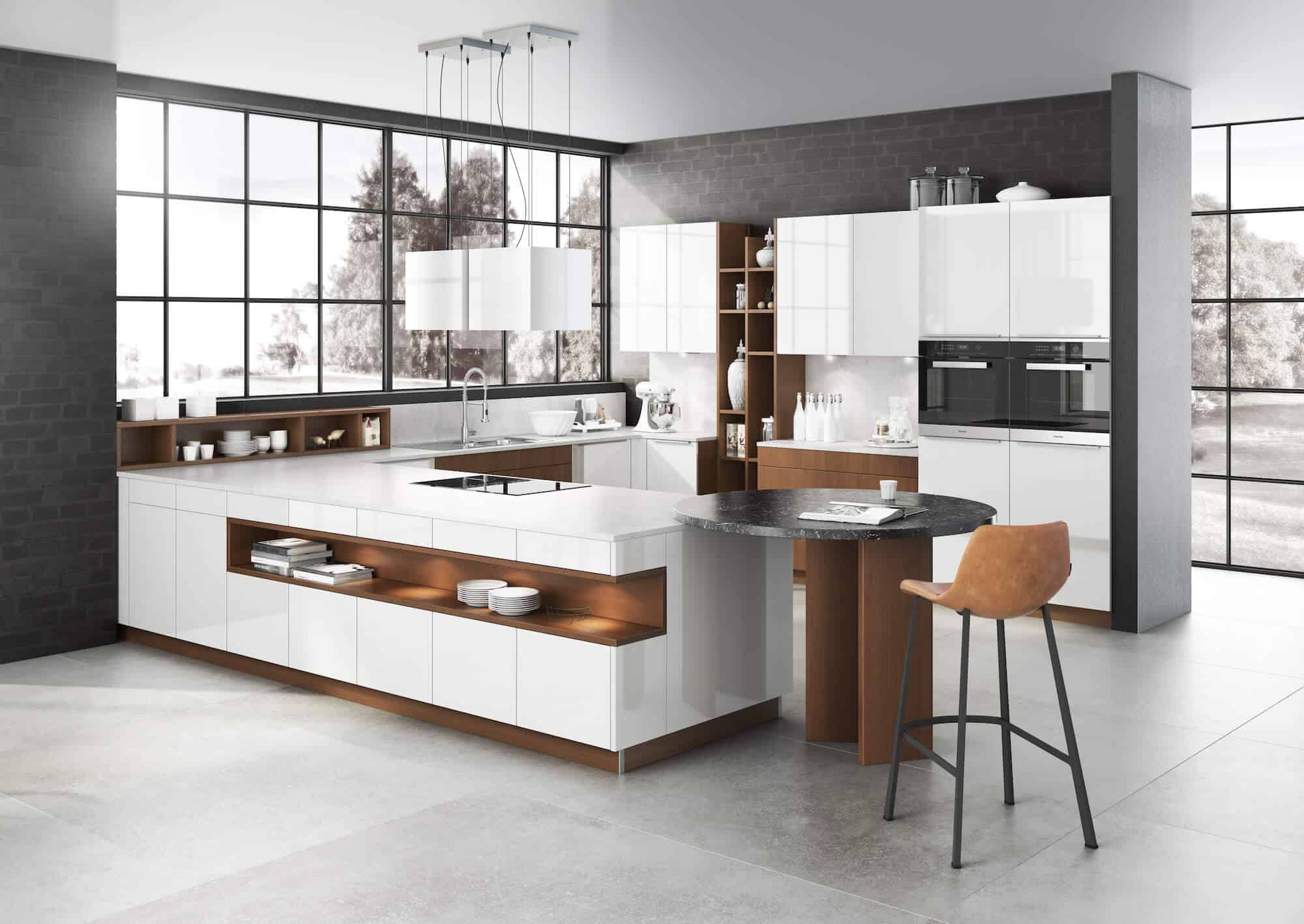 Bauformat-Designkueche-U-Kueche-modern-weiss-braun-grifflos