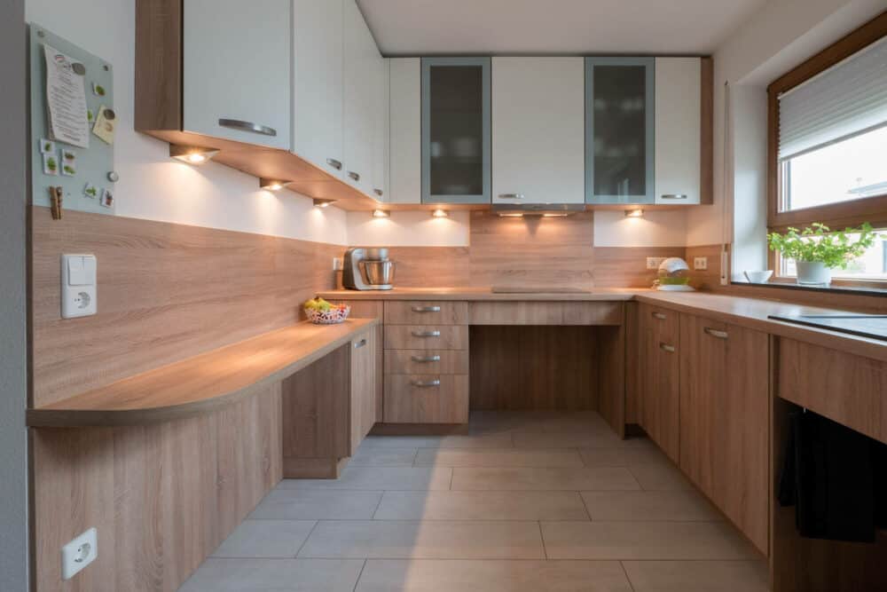 G-Küche barrierefrei modern braun mit Holzfronten