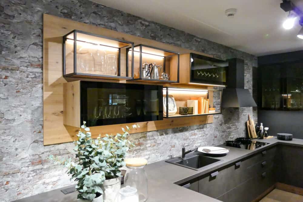 Edelstahl Glasschränke Burer U-Küche natural Oak