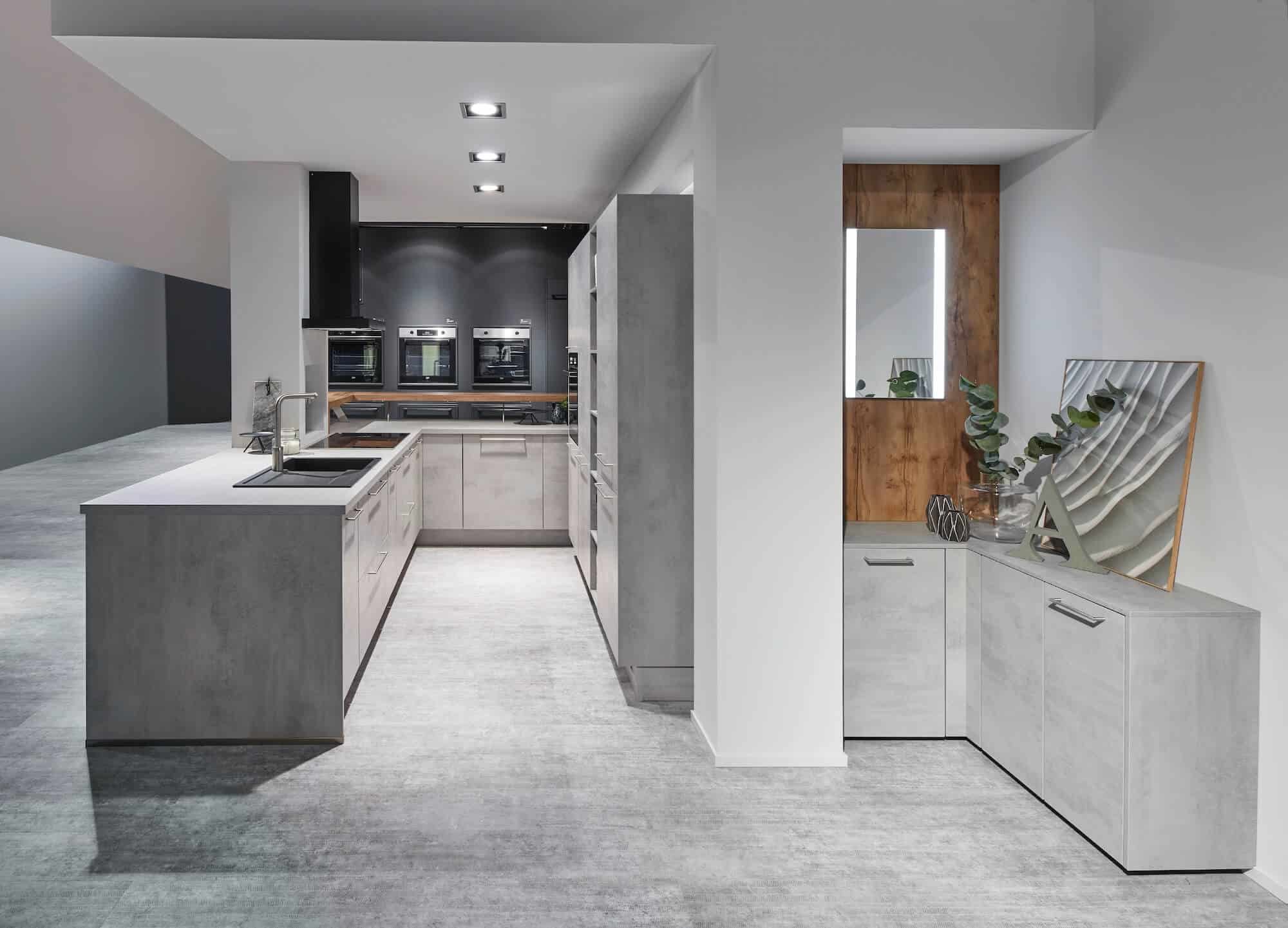 Nobilia Beton steingrau U-Küche mit Kommode