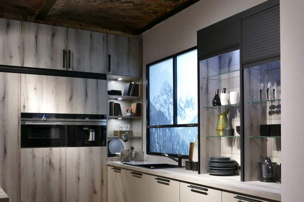 Bauformat L-Küche mit Elektrogeräten Alpine Oak