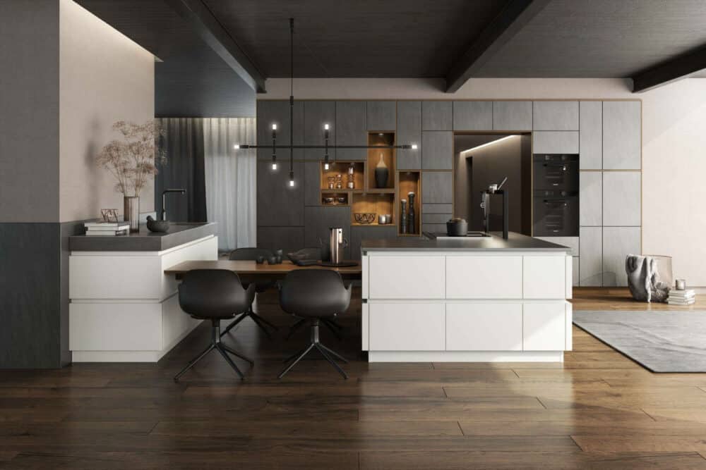 Bauformat Design Inselküche mattweiß