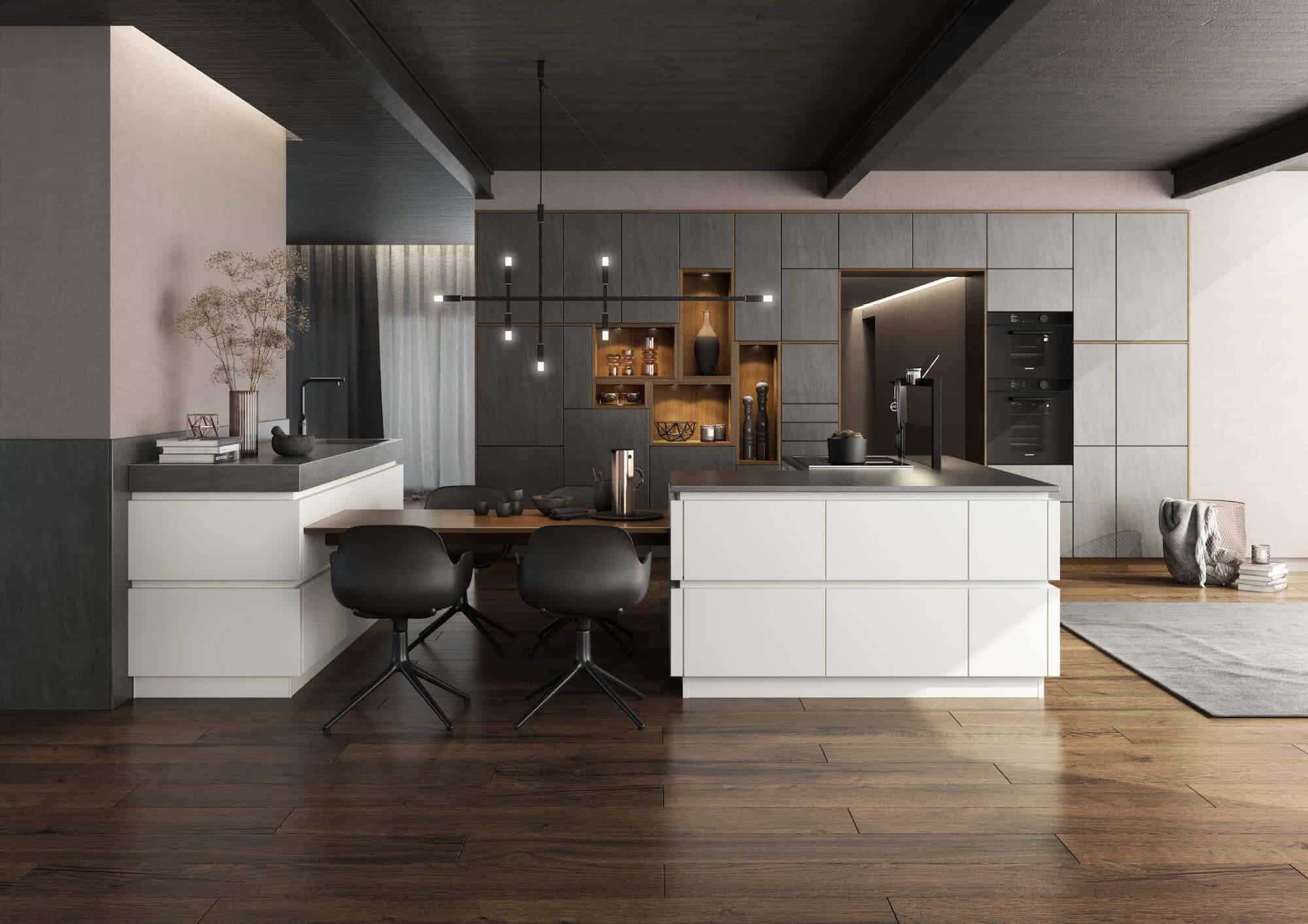 Bauformat Design Inselküche mattweiß