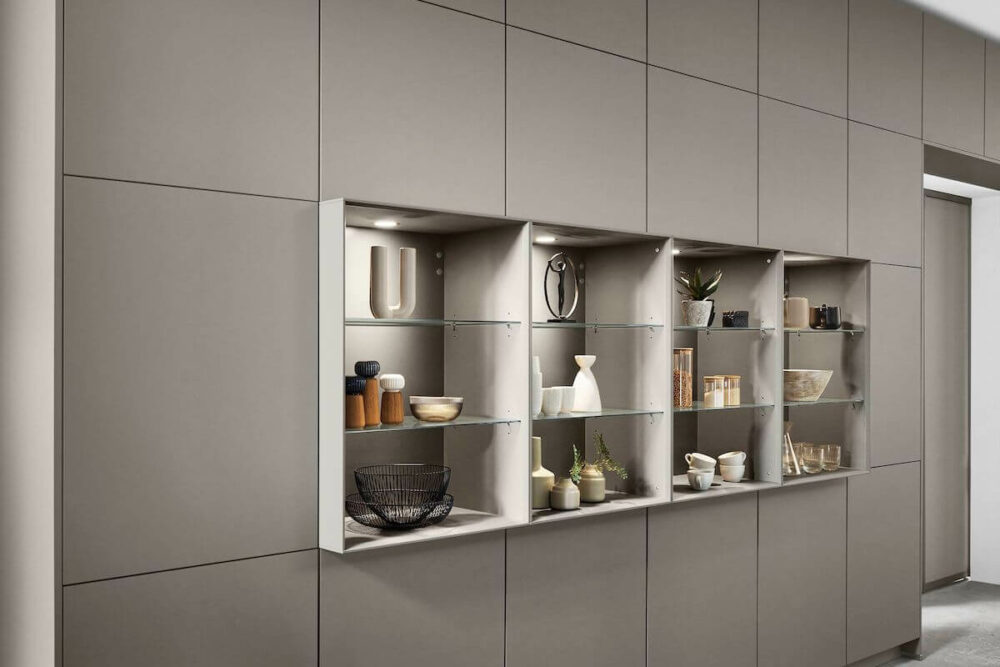 Nobilia Design Inselküche Taupegrau Easytouch Hochschrank